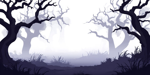The image depicts a dark, eerie forest with twisted trees and a misty atmosphere, creating a sense of mystery and foreboding