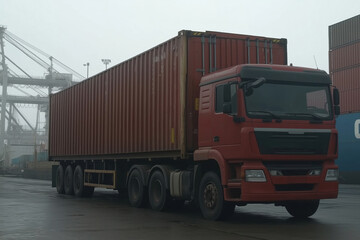 Heavy cargo truck parked at a shipping port during a foggy day with containers