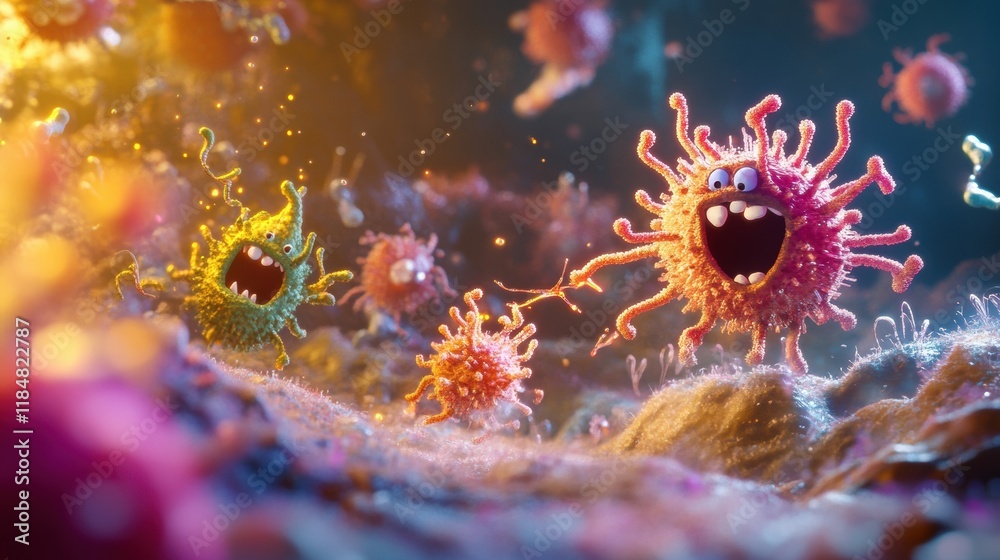 Poster cartoon style bacteria engage in a playful battle against antibodies in a vibrant microscopic world.
