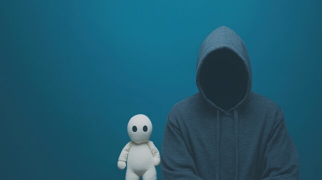 Anonymous Man in Hoodie and Toy Depicting Extortion Concept on Blue Background with Surreal Elements for Crime Awareness and Social Media Campaigns
