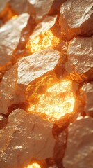 Fototapeta premium Abstract close-up view of a fractured stone wall with glowing interior.