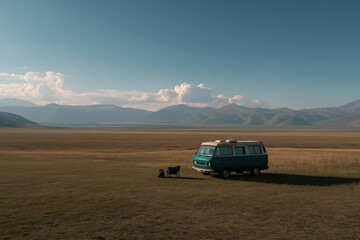 Fototapeta premium Vintage camper van parked in a vast field under a clear sky around golden hour