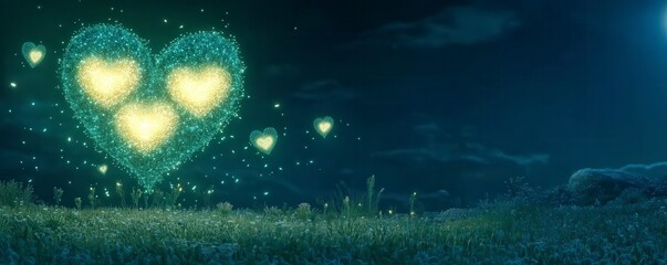 Fototapeta premium A magical scene featuring glowing heart shapes in the night sky, surrounded by a serene landscape, evoking feelings of love and wonder.