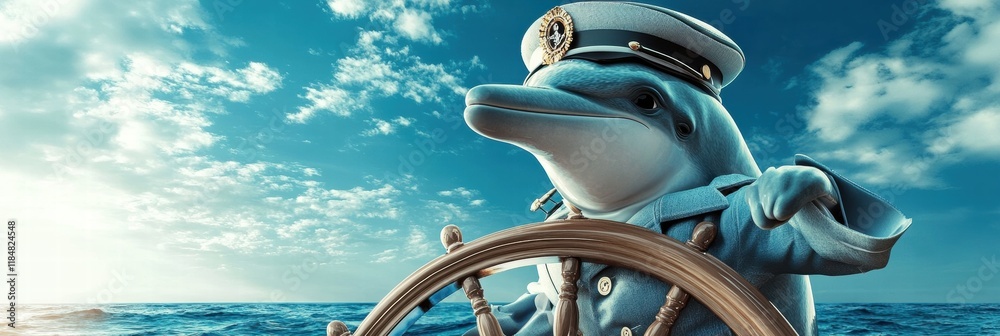 Poster Dolphin in captain attire navigating the ocean with a ships wheel during a sunny day. Generative AI