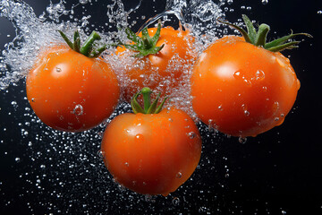 Fresh tomatoes splashing in water with bubbles during vibrant kitchen scene