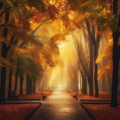 Obraz premium Strolling through a misty autumn park with golden leaves and glowing sunlight filtering between tall trees. Generative AI