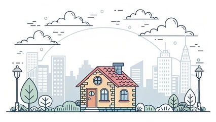 Obraz premium cute house doodle art illustration with city landscape background