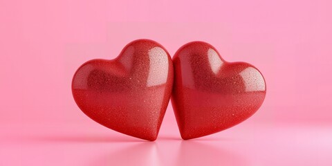 Obraz premium Two Red Glittery Hearts Touching on Pink Background Romantic Love Concept