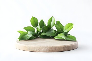 Green leaves on wooden platform, white background, product display