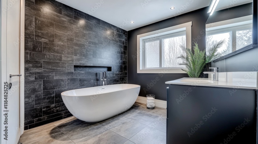 Wall mural A large bathtub sits in a bathroom with a black wall and white tile floor. The bathroom is well-lit and features a mirror above the sink