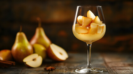 A wide wine glass with creamy white dessert wine topped with caramelized pear slices and served on a dark wooden table.