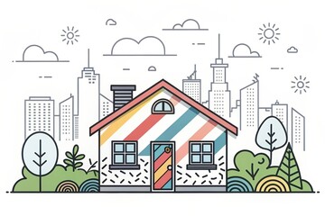 Obraz premium cute house doodle art illustration with city landscape background