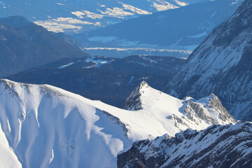 Idyllic aerial view of alps in winter season