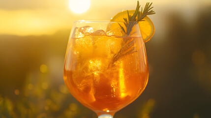 A wine glass filled with bright orange Aperol spritz garnished with a slice of orange and a sprig of rosemary glowing under soft sunlight.