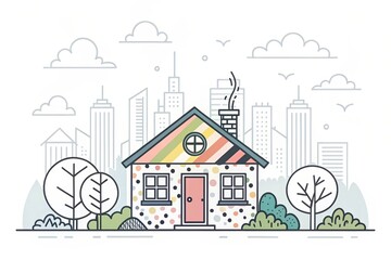 Obraz premium cute house doodle art illustration with city landscape background
