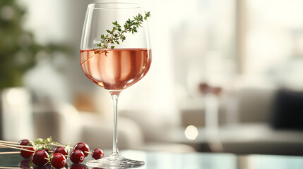 A wine glass filled with chilled cranberry juice spritzer garnished with a fresh sprig of thyme and cranberry skewers on a sleek glass table.