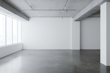 Fototapeta premium An empty white room with a concrete floor and gray walls, representing the interior of a modern office or art gallery space. A mockup for artwork presentation