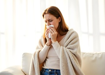 Close-up of a sick woman feeling cold, shivering, and blowing her nose. She has a fever, caught a cold, and is sneezing into a tissue. The ill brunette, wrapped in a blanket, shows symptoms of the flu