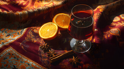 A wine glass holding a rich mulled wine with cinnamon sticks star anise and orange slices placed on a festive tablecloth.