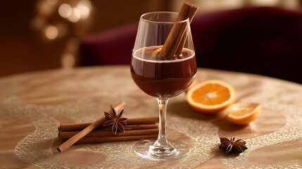 A wine glass holding a rich mulled wine with cinnamon sticks star anise and orange slices placed on a festive tablecloth.