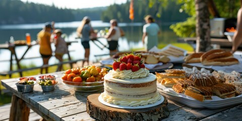 Fototapeta premium A summer gathering featuring a beautifully decorated cake and various dishes by a serene lake.