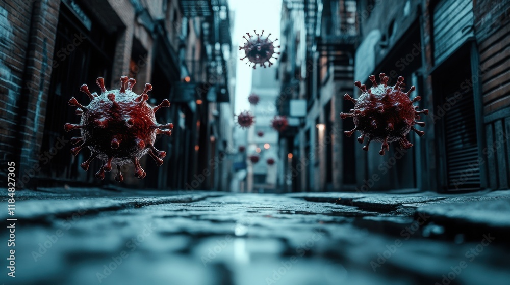 Aufkleber urban street highlights isolation with symbolic virus figures floating in the air. generative ai