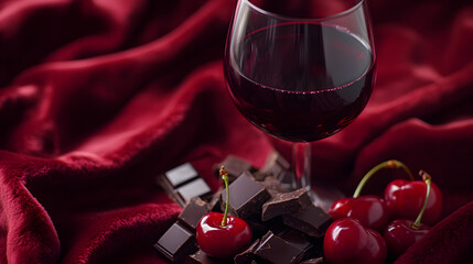 A wine glass holding a rich port wine with dark chocolate shavings and cherries placed on a velvet tablecloth.