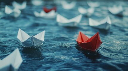 Red and white paper boats floating on dark blue water, representing leadership and individuality.