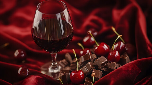 A wine glass holding a rich port wine with dark chocolate shavings and cherries placed on a velvet tablecloth.