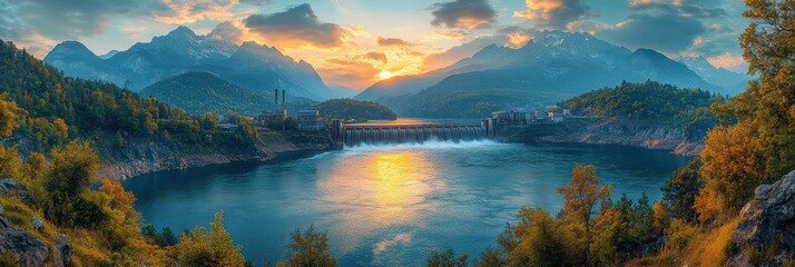 Obraz premium Hydroelectric plant at sunset surrounded by mountains and a calm river