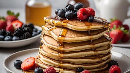 stack of pancakes with syrup and berries