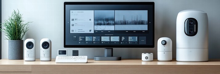Obraz premium Modular security system featuring sensor elements in a modern workspace setup