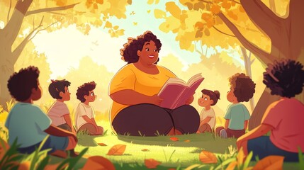A woman is reading a book to a group of children. The children are sitting on the grass in front of her