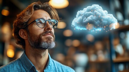 Man contemplating cloud computing concept.