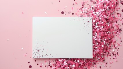 White empty greeting card over scattered pink sequins, glitter and confetti isolated on pink background with blank space. Flat lay, top view with copy space. Mockup template.
