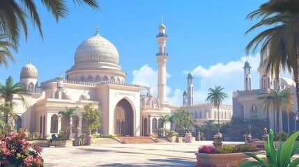 Naklejka premium A stunning view of a mosque with a large dome and minaret, set against a clear blue sky, showcasing the intricate Islamic architectural details and peaceful ambiance in a serene urban environment.