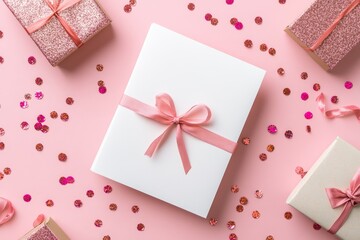 White empty greeting card over scattered pink sequins, glitter and confetti isolated on pink background with blank space. Flat lay, top view with copy space. Mockup template.