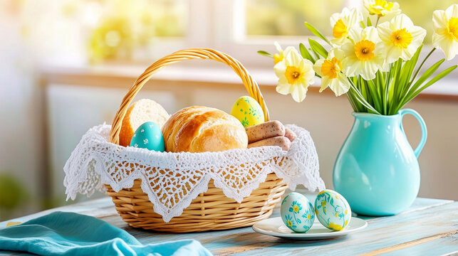 Traditional Polish, Slavic "Święconka", Wicker Easter Basket with White Lace Linen Cloth Filled with Colorful Eggs, Bread and Ham, Decorated with Spring Flowers, Seasonal Spring Holiday Celebration.