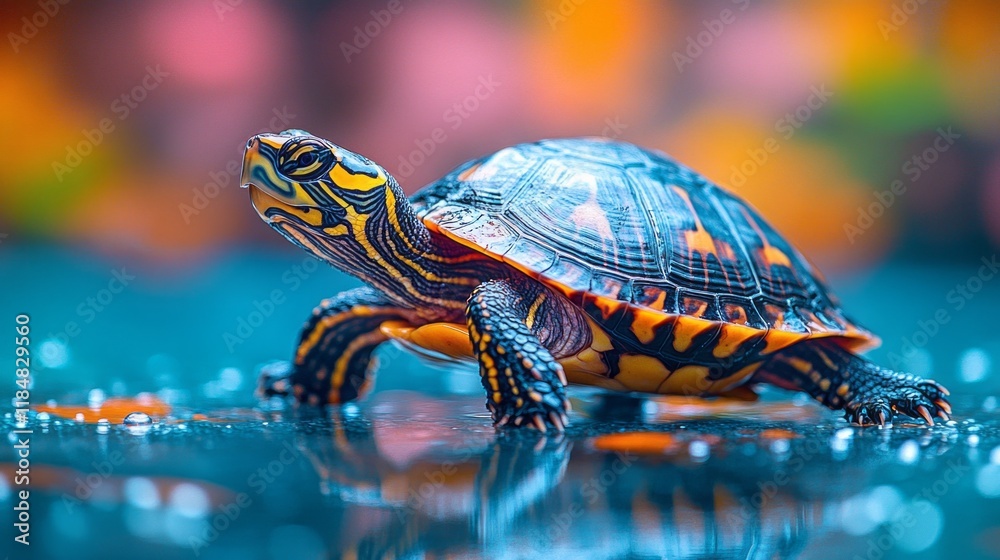 Poster A turtle with a striking neon shell navigates through a vibrant, water-rich environment. Colorful reflections shimmer around it, creating an enchanting atmosphere filled with life