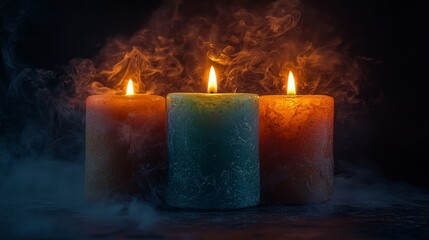 Three lit candles of different colors surrounded by smoke on dark background.