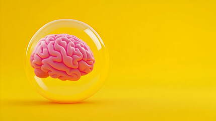 A vivid pink brain floats inside a clear bubble, contrasting with a cheerful yellow backdrop