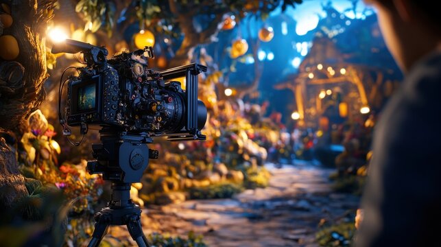 A close-up of a camera operator filming a VTR scene, with a high-definition camera in focus, capturing the vibrant details of a set and the actors in action, creating a dynamic filming atmosphere.