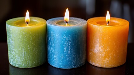 Three lit cylindrical candles in green, blue, and orange hues on a dark surface.