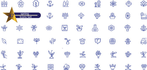 Flower line icon set. Rose, tulip in vase, fruit bouquet, spring blossom, cactus minimal vector © john