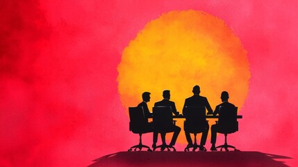 Naklejka premium Silhouetted figures in a meeting against a vibrant sunset backdrop, symbolizing collaboration and decision-making.