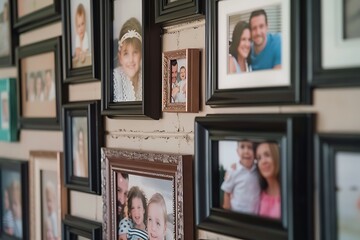 A collection of stylish picture frames arranged in a gallery wall layout showcasing family photos