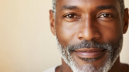 Obraz premium A man with a beard and gray hair is smiling. He has a nice, friendly expression on his face