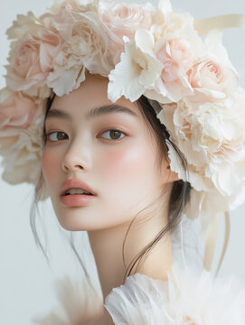 Portrait of a model adorned with a delicate floral headpiece featuring pastel pink and white roses, paired with soft makeup and an ethereal aesthetic. The composition emphasizes grace and timeless bea