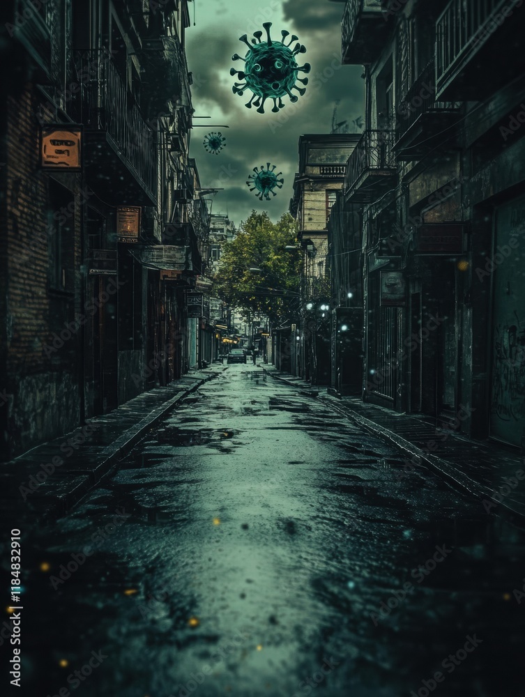 Aufkleber empty urban street illuminated by reflections with symbolic virus motifs overhead at twilight. gener