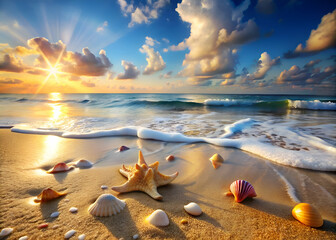 Obraz premium Stunning beach sunrise with seashells and starfish.